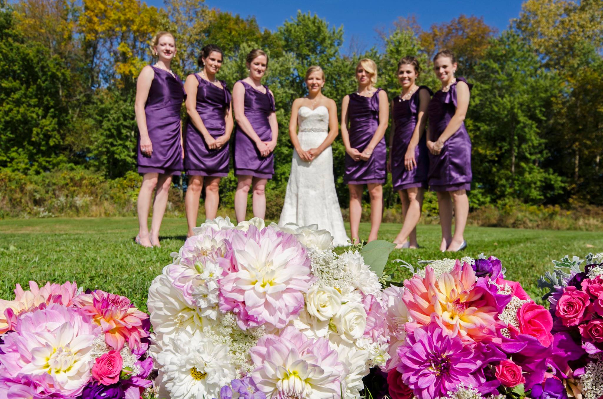 an Ultra Violet wedding at Waters Edge, Louisville, OH. Dahlias, Zinnias, locally grown by florist t"he Garden by the Gate"