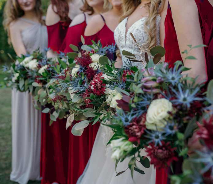 Dusty blue and burgundy wedding flowers by Garden by the Gate Floral Design, North Canton